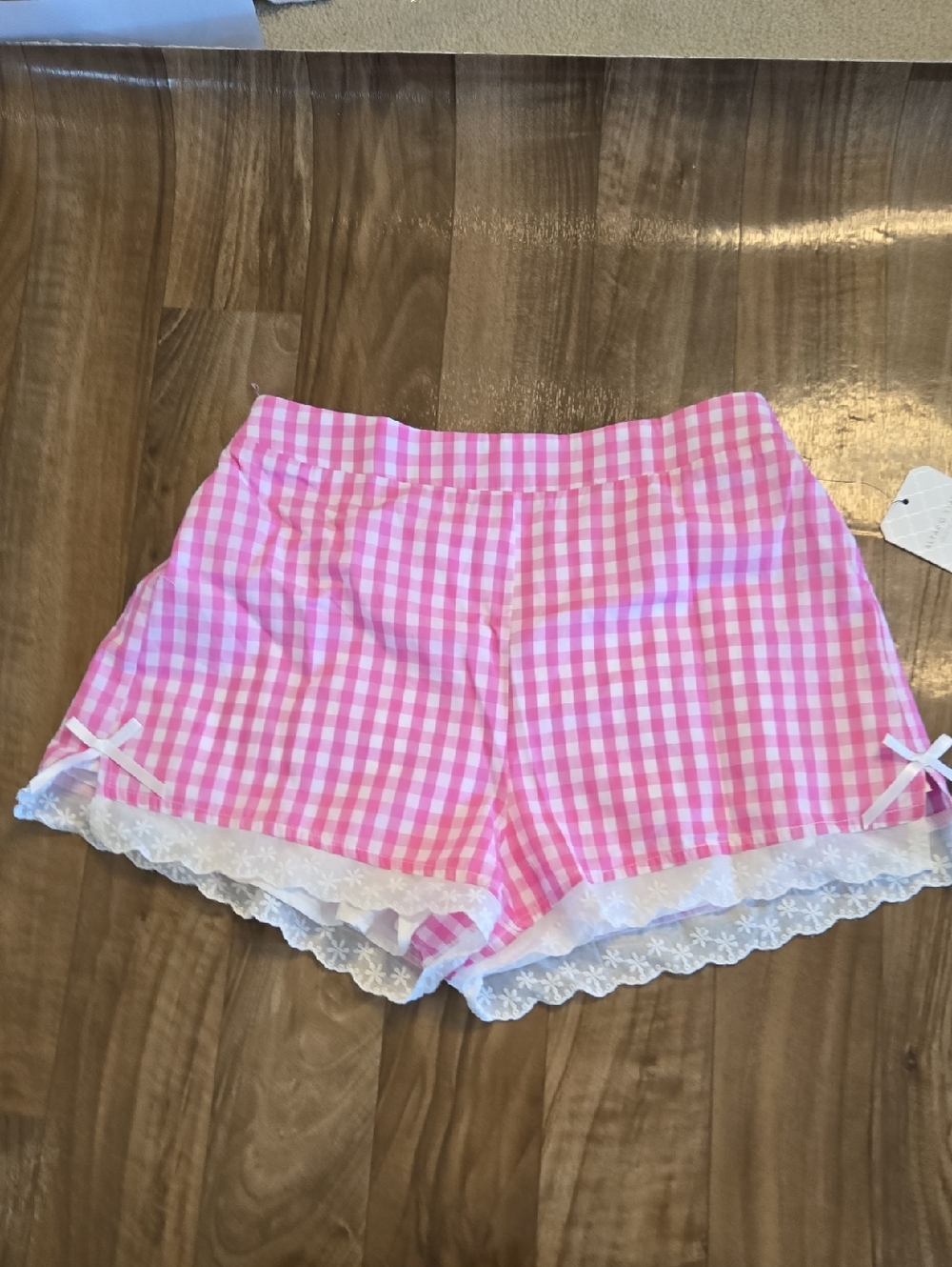 Altar'd State Pink Gingham High Waist Shorts with White Lace Trim